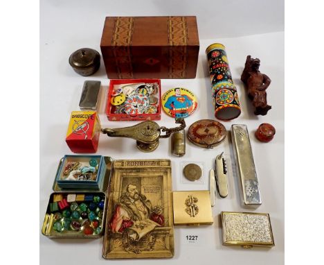 A box of miscellaneous collectables including wooden tea caddy 