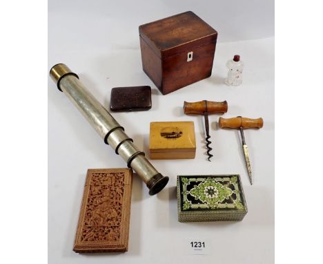 A box of collectables including Georgian tea caddy, telescope a/f, corkscrew, mauchline ware box etc. 