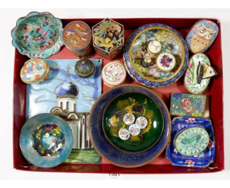 A collection of various enamel collectables including Cloisonné bowl and matchbox case, Halcyon Days trinket boxes etc. 