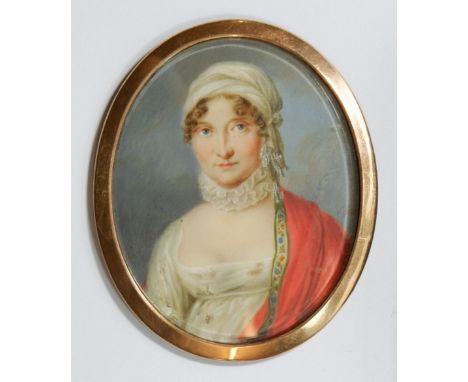 L Gey - early 19th century oval watercolour on ivory miniature portrait of a woman with white dress and red shawl in yellow m