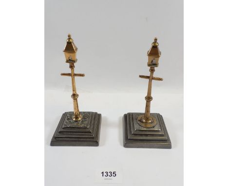 A pair of brass miniature gas street lamp form paperweights, 17cm - one a/f 