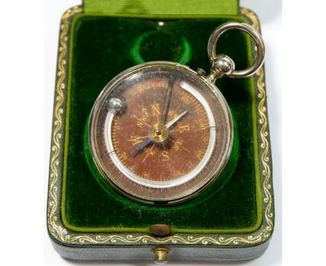 A J C Vickery pocket barometer/thermometer and compass in fitted leather case 