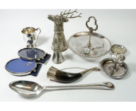 A group of silver plated items including two stirrup cups, white metal mounted hunting horn etc.