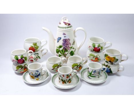 A Portmeirion Botanic Garden coffee pot, four large mugs, six smaller mugs and three coffee cups and saucers 