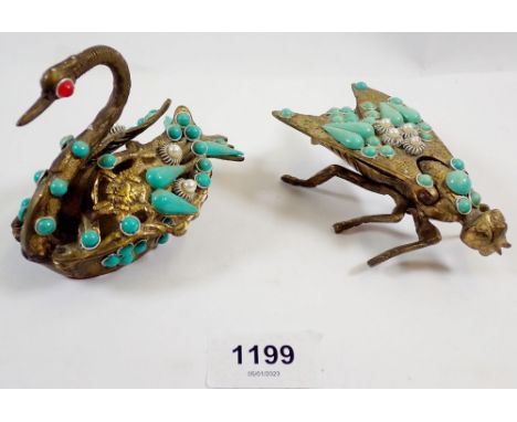 Two novelty brass swan and fly form ashtrays with applied 'turquoise' and faux pearl decoration 