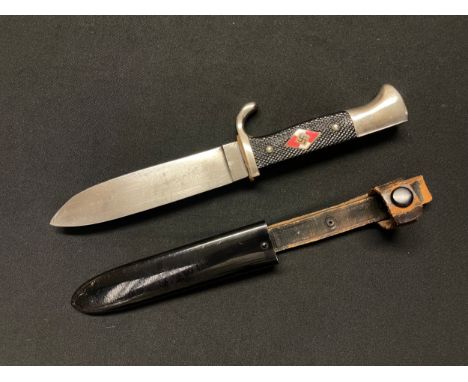 WW2 Third Reich Hitler Youth Knife with single edged blade 135mm in length, with "Blut Und Ehre!" and  transitional maker mar