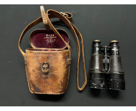 WW1 British binoculars by Ross of London 1904, Serial number 5467. Sun shades. Complete with leather case and shoulder sling 