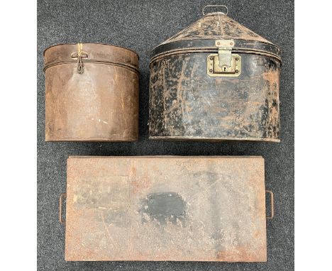 Two Officers tin cap tins, one with initials "LEA" and an officers tin trunk size 61cm x 31cm x 20cm with blank brass plate. 