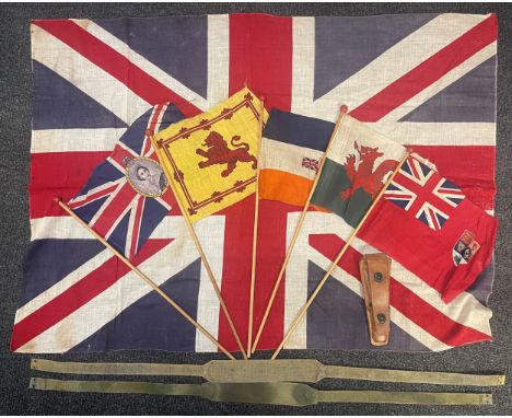 WW2 British Screen Printed Union Flag size approx. 110cm x 79cm, plus 5 flags dating from ERII Coronation, Union Flag with th