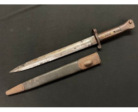 Lee Metford Bayonet with double edged  blade 300mm in length maker marked and dated " Elkinson, London 5-'93".  Wooden grips 