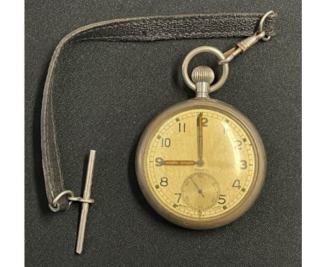 WW2 British Doxa GSTP pocket watch marked to reverse with WD Broad Arrow GSTP H00943. Enamel dial with Arabic numerals, separ