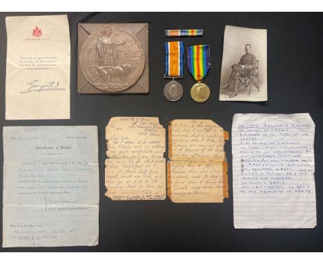 WW1 British death plaque in box of issue with slip, War Medal and Victory Medal with original ribbons to 201921 Pte Reginald 