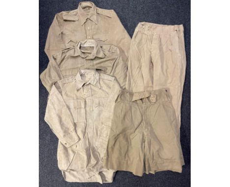 WW2 British Army Khaki Drill Officers Uniform collection comprising of : three KD shirts for a lieutenant,  one pair of KD tr