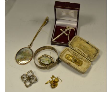 A silver cross on chain;  a silver hinged bangle;  a filigree brooch; a Victorian seed pearl mourning brooch;  a Victorian ne