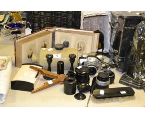 Boxes and Objects - a part ebony dressing table set;  a Victorian photograph album; a Nikon  camera lens;  a Norwegian nutcra