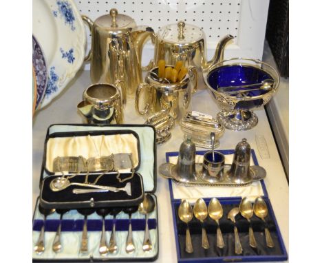 Silver Plated Ware  - a four piece tea service; a condiment set; decanter labels, Irish Whiskey, Sherry, Single Malt; table l