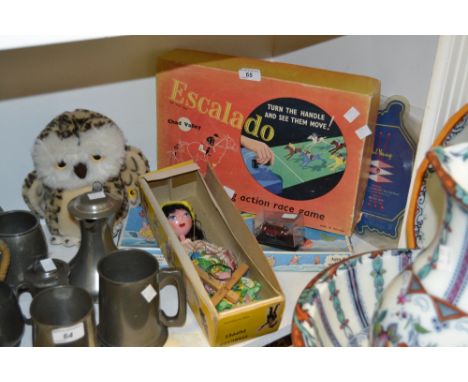 Toys - a standard Pelham puppet, boxed, Mother; an Escalado boxed game; Clangers; a plush soft toy Owl;  etc 