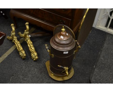 A copper and brass tea kettle; fire dogs; firescreen