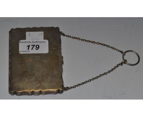 A silver shaped rectangular lady's evening purse, suspension chain, leather interior, Walker and Hall, Chester 1920 