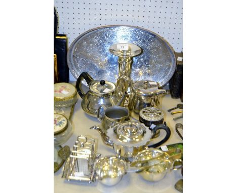 Plated ware - a 3 piece bachelor's tea service; a die stamped gallery tray; a 5 bar toast rack; etc  
