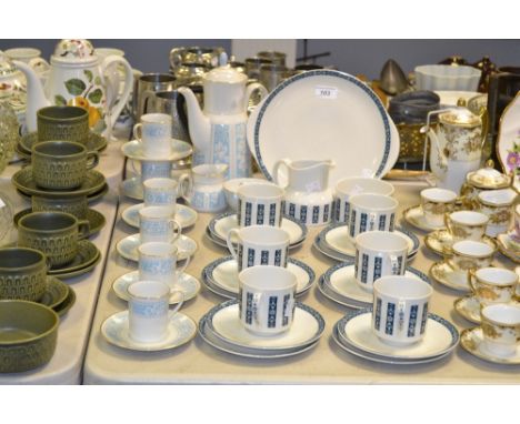 Ceramics - a Royal Doulton Hampton Court pattern part coffee service; another Moonstone pattern; Wedgewood part tea service (