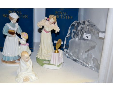 A Swedish Art Glass of Polar Bears, Ltd Edition 136/975, signed M.Yanasson, 1980; a Royal Worcester Figure, The Daughter of t