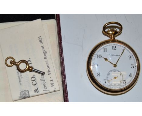 A Garrard gold plated case open face pocket watch, white dial, Arabic numerals, minute track, subsidiary seconds, button wind