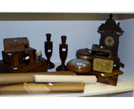 Boxes and Objects -a pair of turned wooden candlesticks;a barometer; Tunbridge ware box; miniature toy globe; miniature teles