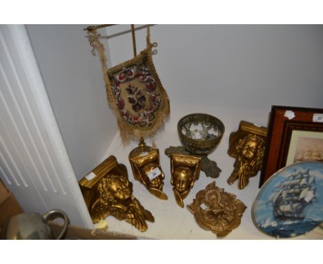 A Victorian brass table screen, beadwork panel;  a gilded wall sconce in the form of a cherub; others; etc 