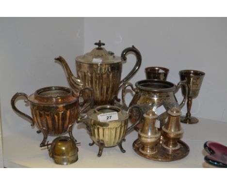 Silver plated ware - a pair of commemorative goblets; a three piece tea service; etc