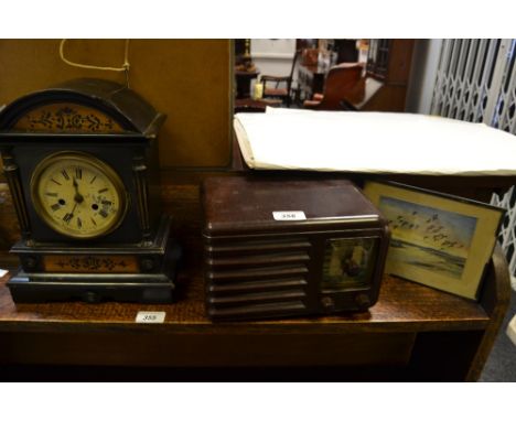 Sir Peter Scott,Widgeon in the Creek,framed print;a Victorian ebonised mantel clock; a Bakelite radio c 1930's