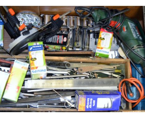 Tools - sockets, set squares, measuring triangles, etc (1 box) 