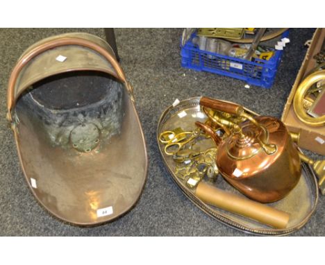 Metalware - a copper kettle; a copper coal bucket; horse brasses, one depicting Winston Churchill ; a Georgian brass candle s