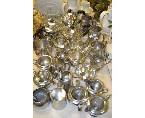Pewter - English hand hammered pewter tea service; Sheffield hammered pewter tankards; etc qty