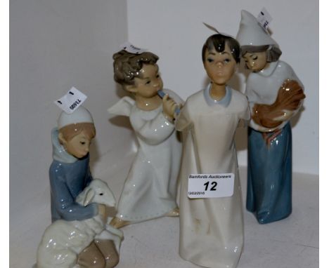 A Lladro Pottery figure, Girl with Chicken; others (4)