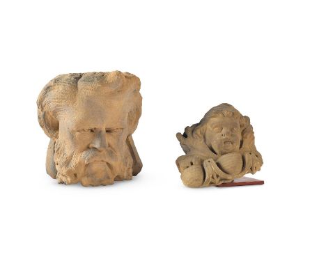 TWO CARVED STONE ARCHITECTURAL FIGURAL FRAGMENTS  17TH CENTURY  Bust of Hercules possibly a corbel, and a boy's face above eg