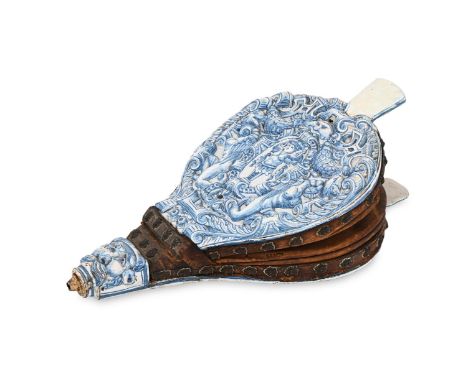 A RARE PAIR OF FRENCH FAIENCE POTTERY BELLOWS  ATTRIBUTED TO OLÉRYS-LAUGIER MOUSTIERS, CIRCA 1730 TO 1740  Decorated in relie