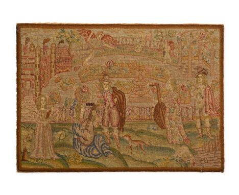A LARGE NEEDLEWORK PICTORIAL PANEL OF COURTLY LOVE  17TH CENTURY  With courtly scene of male figures attending noble women, o