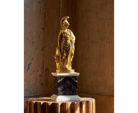 A GEORGE III GILT BRONZE FIGURE OF MINERVA ON A BLUE JOHN BASE  ATTRIBUTED TO MATTHEW BOULTON, LATE 18TH CENTURY  Figure stan
