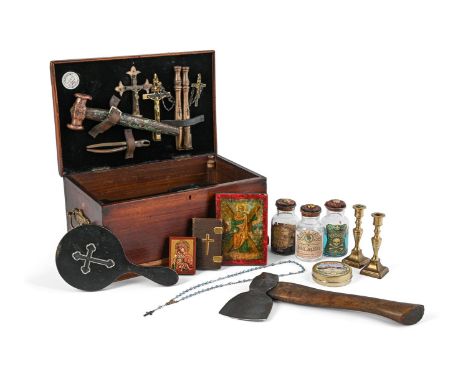 A VAMPIRE SLAYING KIT  20TH CENTURY  A large mahogany box containing various tools for killing and to ward off vampires, incl