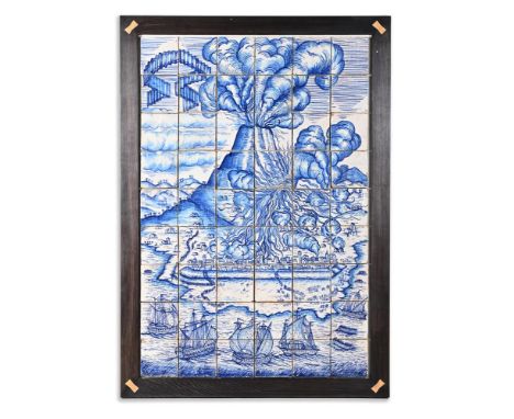 AN ITALIAN MAIOLICA RECTANGULAR BLUE AND WHITE TILE PANEL PROBABLY SICILIAN, 20TH TO 21ST CENTURY  Comprising fifty-four tile