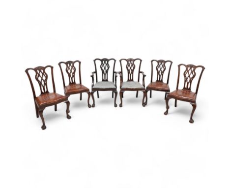 Set of six (4+2) early 20th century Chippendale design mahogany dining chairs, shaped cresting rail over pierced interlacing 