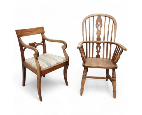 19th century elm and ash Windsor armchair, double hoop and stick back with pierced splat, on turned supports united by turned