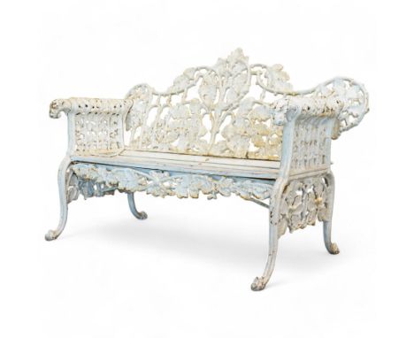 Coalbrookdale design - early 20th century cast iron oak leaf and acorn bench, white painted cast iron frame with slatted wood