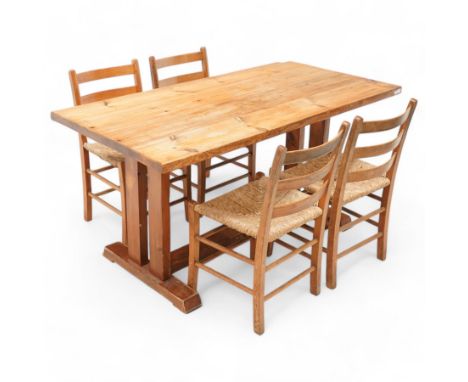 Pine dining table, rectangular top on pillar supports united by sledge feet and floor stretcher (152cm x 76cm, H75cm); togeth