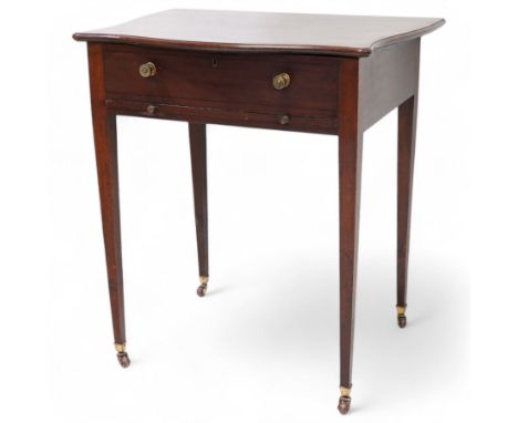 Edwardian mahogany sewing or work table, of shaped form, moulded hinged lid enclosing lidded compartments, fitted with slide,