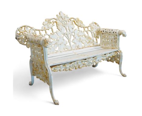 Coalbrookdale design - early 20th century cast iron oak leaf and acorn bench, white painted cast iron frame with slatted wood