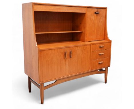 G-Plan - mid-20th century circa. 1960s teak highboard side cabinet, the upper section fitted with drawer, fall front and shel