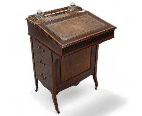 Edwardian inlaid mahogany Davenport desk, gilt metal gallery top with pen and ink stands over hinged top with inset leather w
