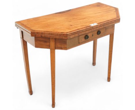 Early 19th century mahogany card table, canted rectangular form with fold-over top, baize lined interior, on single gate-leg 